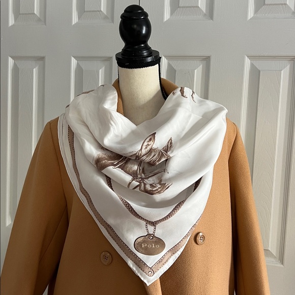 Polo Ralph Lauren Equestrian Silk Scarf Polo Horse Print Cream Brown - Picture 17 of 17